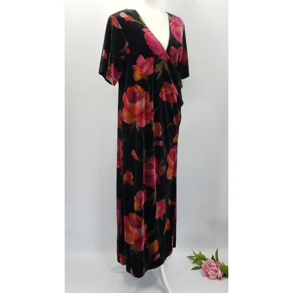 Vintage Los Angeles Woman Velvet Maxi Dress Size 14 Black Floral Faux Wrap - Picture 1 of 8